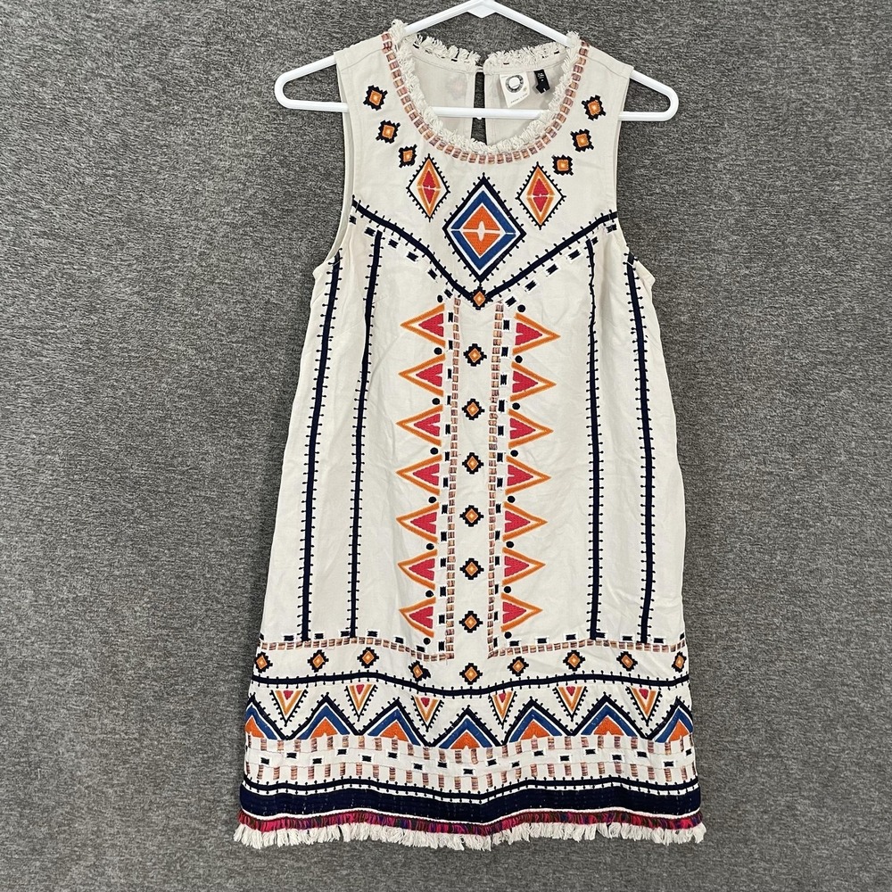 Anthropologie Akemi + Kin Dress Womens 0 White Embroidered Shift Boho Fringe